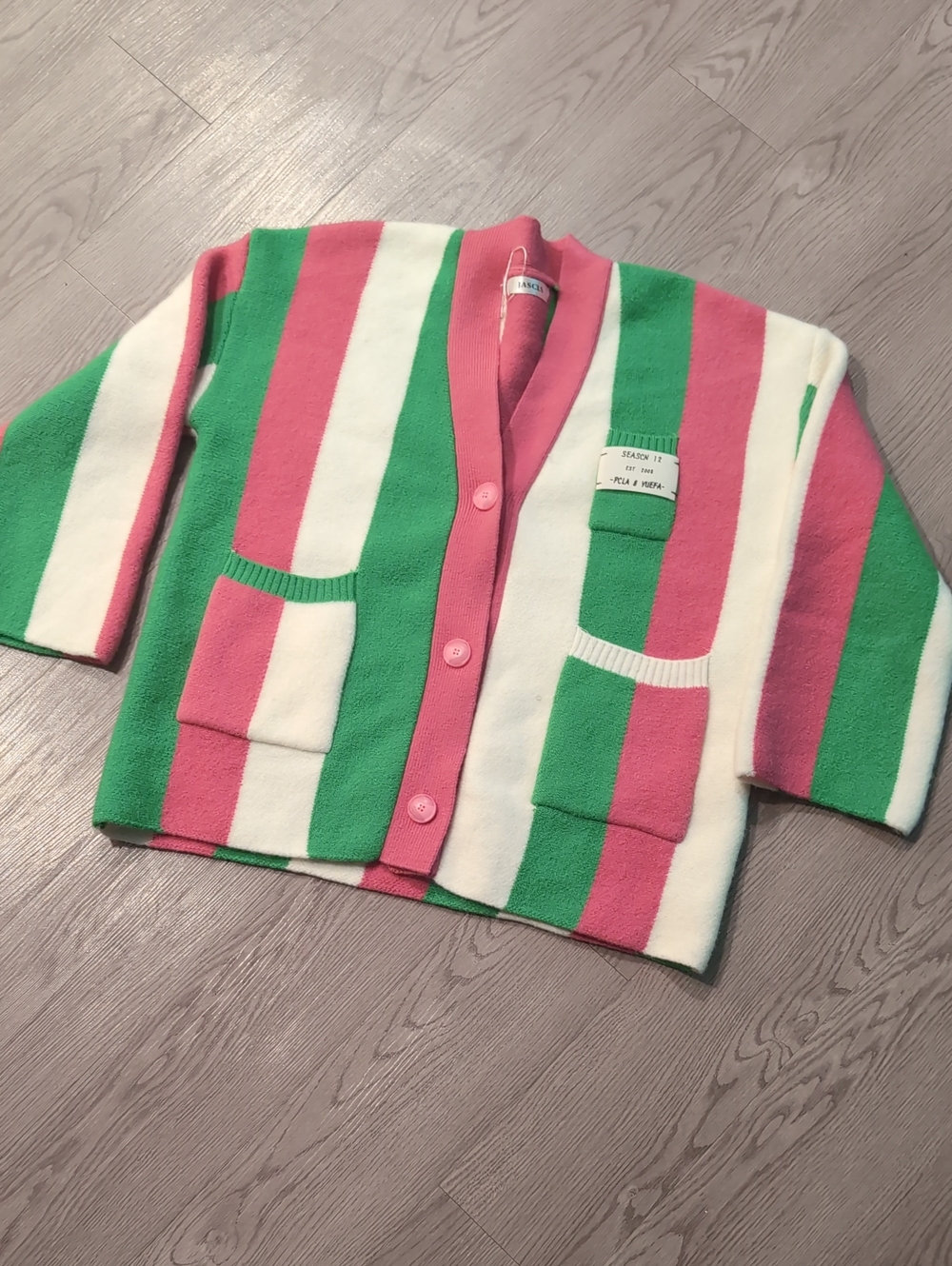Striped V-Neck Cardigan Sweater in Pink, Green & White